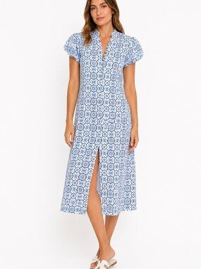 Sail to Sable Linen Dress Blue White Mediterranean Tile Print Puff Sleeve Midi